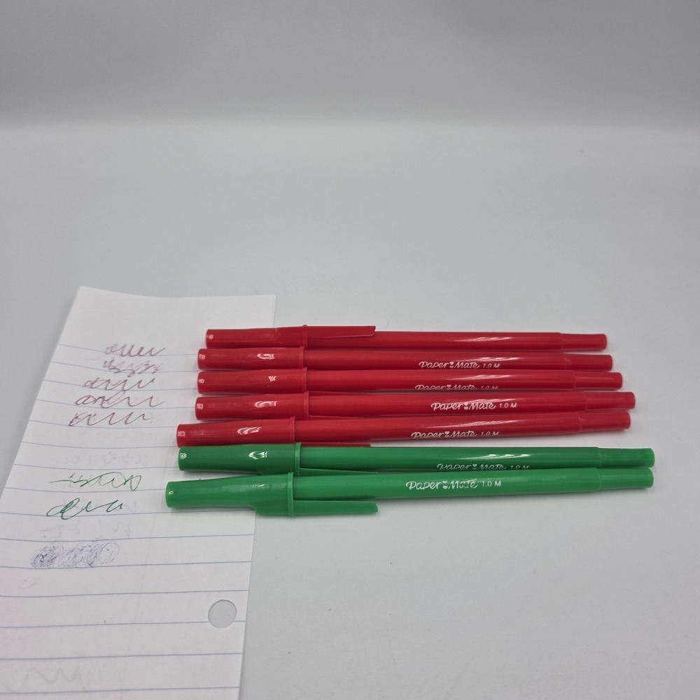 7~ Paper Mate Ink Pens~5 Red 1.0 Medium & 2 Green 1.0 Medium All Lids